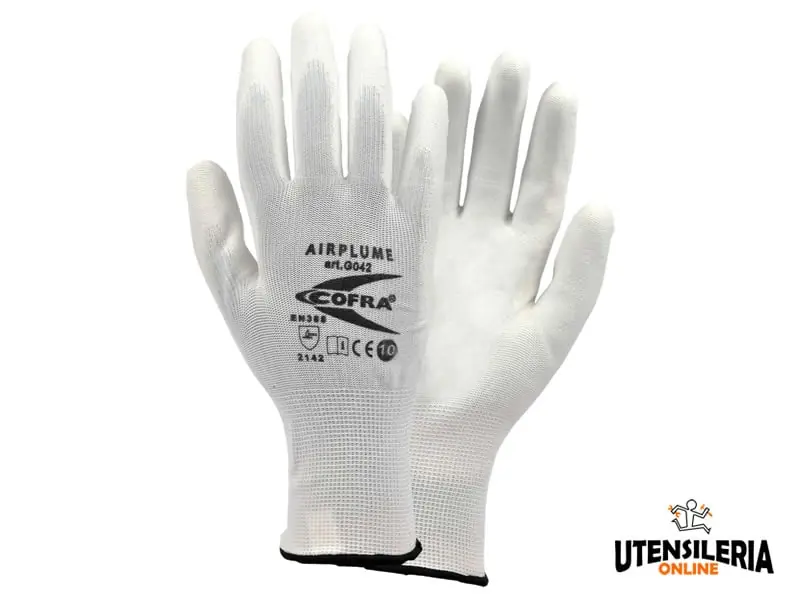Saldi Guanti AIRPLUME bianchi in poliuretano protezione meccanica media Cofra (12paia)
