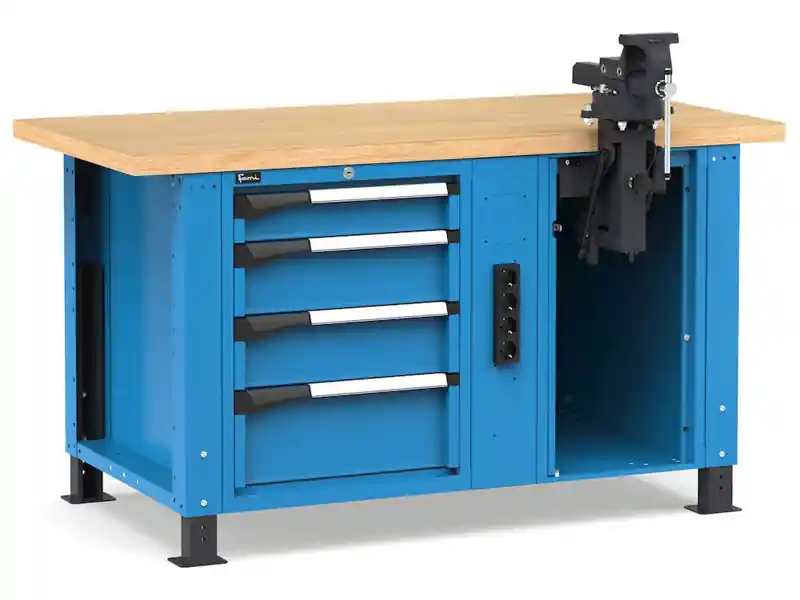Banco da lavoro regolabile Fami Master 150cm blu con 4 cassetti, morsa e 4 prese Super Prezzo
