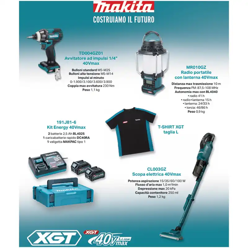 KIT PROMO 40V XGT MAKITA 2025 Avvitatore ad Impulsi TD004GZ01 + Radio Lanterna MR010GZ + Kit Energy 2×2.5Ah 191J81-6 + Aspirapolvere CL003GZ + T-shirt XGT OMAGGIO Super Prezzo