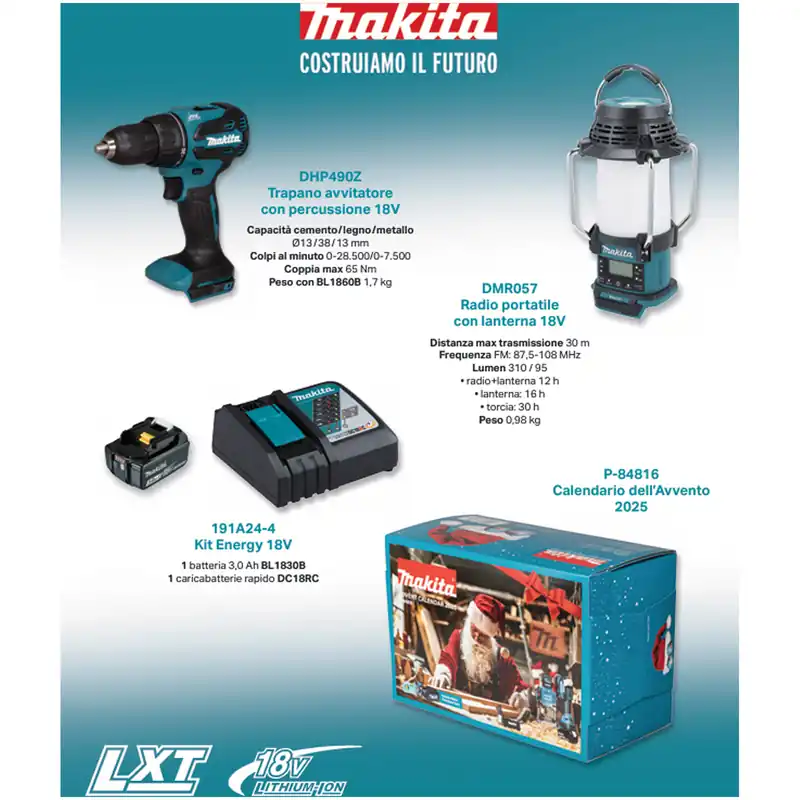 Direttamente Dal Produttore KIT PROMO 18V MAKITA 2025 Trapano Avvitatore a Batteria 18V DHP490Z + Radio Lanterna DMR057 + Batteria 3.0Ah e Caricabatterie 191A24-4 + Calendario dell’Avvento P-84816