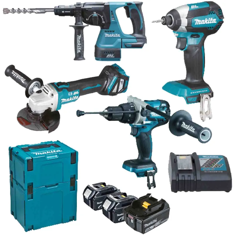 Ultime Pezzi Kit Combo 4 Utensili a Batteria 18V MAKITA Smerigliatrice 115mm + Trapano Avvitatore + Avvitatore ad Impulsi + Tassellatore SDS-Plus modello DLX4192TJ