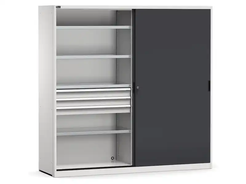 Novità Armadio officina Fami Perfom 2040x600x2000mm con ante scorrevoli, 8 ripiani fessurati e 6 cassetti