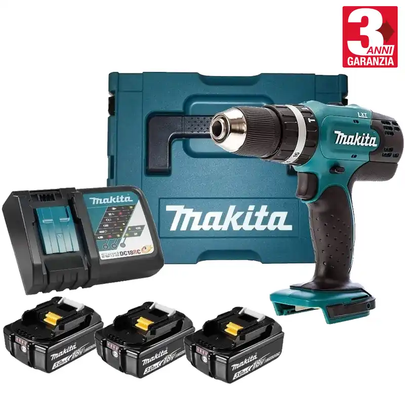 Pagamento Sicuro Trapano Avvitatore con Percussione a Batteria 18V Makita Kit 3 Batterie Caricabatterie e Valigetta DHP453RF3J