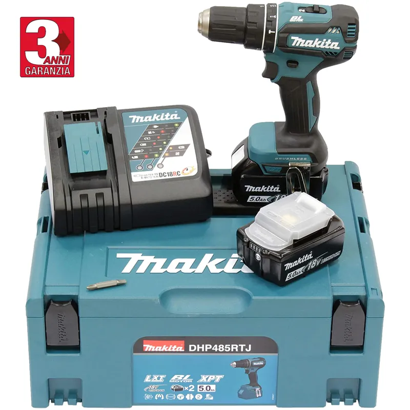 Economico Trapano Avvitatore con Percussione a Batteria 18V MAKITA Kit 2 Batterie Caricabatterie e Valigetta modello DHP485RTJ