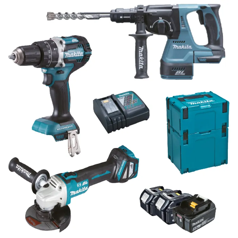 Promozione Esclusiva Trapano Avvitatore con Percussione + Tassellatore SDS-Plus + Smerigliatrice Angolare 125mm a Batteria 18V MAKITA Kit DLX3119TJ
