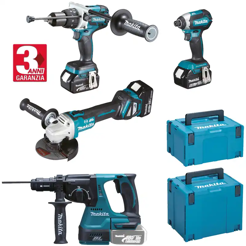 Smerigliatrice Angolare 125mm DGA513 + Trapano Avvitatore con Percussione DHP481 + Avvitatore ad Impulsi DTD153 + Tassellatore SDS-Plus DHR243 a Batteria 18V MAKITA Kit 4 Utensili DLX4104TJ1 Offerta Limitata