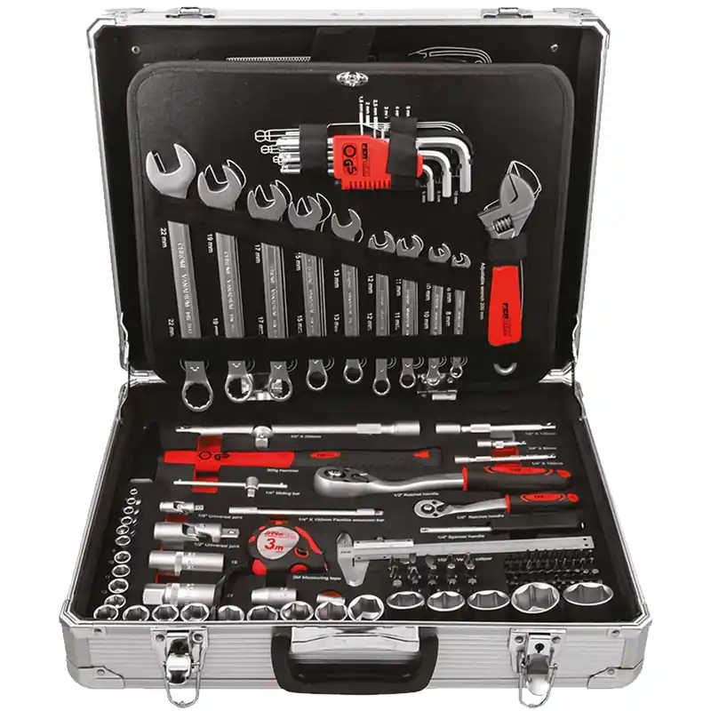 Offerta Lampo Valigetta in Alluminio Set 159 Utensli e Attrezzi FERMEC Bussole 1/4″ e 1/2″ Accessori Cricchetti Giraviti Pinze Brugole FM24159