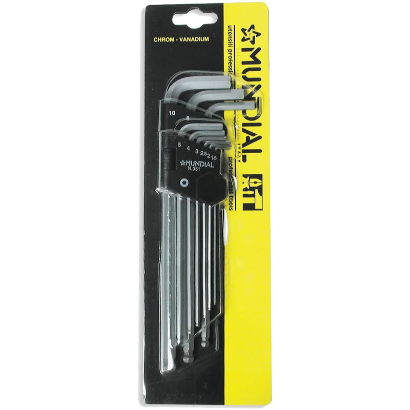 Serie 9 Chiavi a Brugola Esagonali Lunghe MUNDIAL Testa Sferica in Acciaio Cr-V con Supporto Set Kit serie 0352.090 Economico