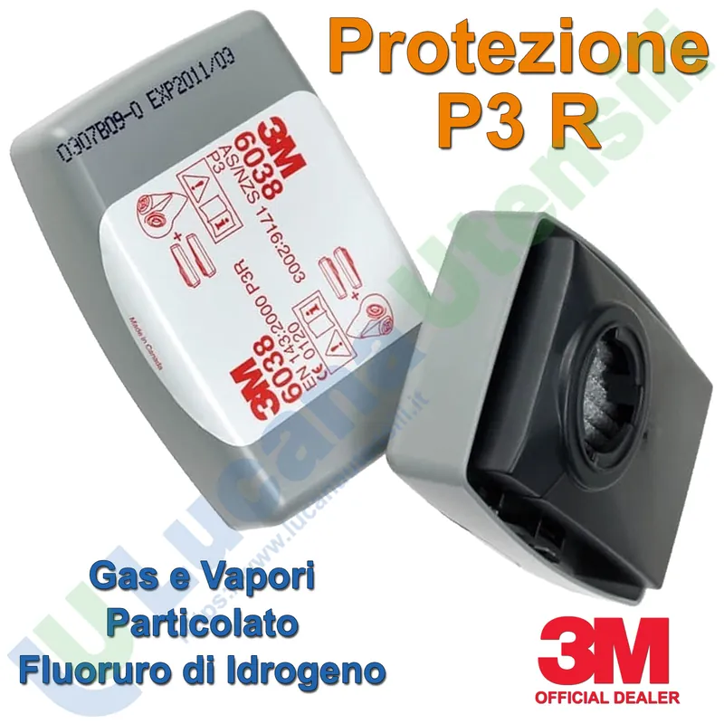 Coppia di Filtri Ricambio 3M per Maschere Semimaschere e Respiratori tipo P3 R per Gas, Particolato e Fluoruro di Idrogeno modello 6038 Nuova Collezione