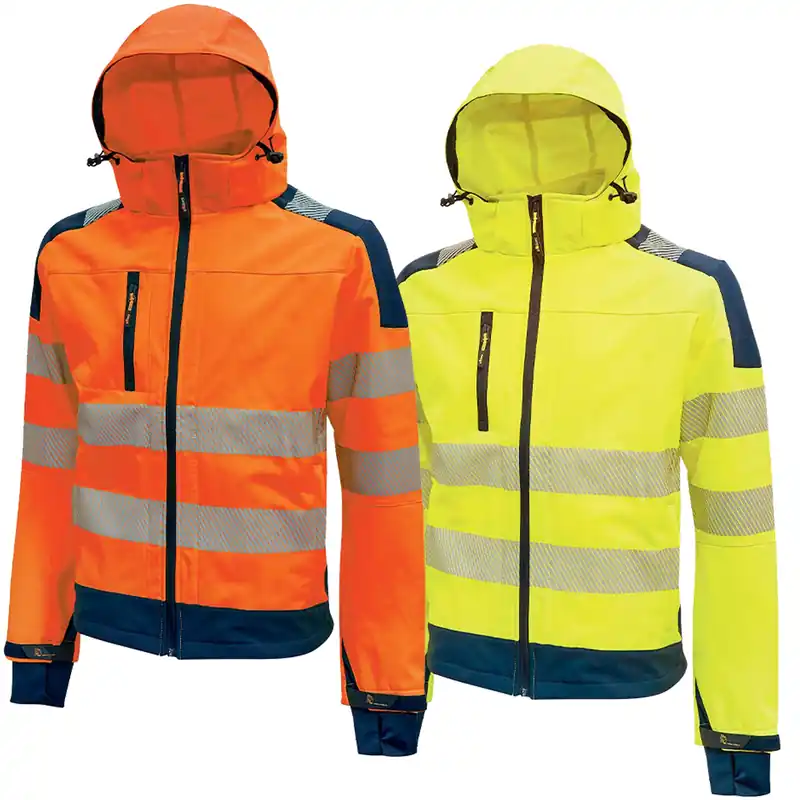 Giacca con Cappuccio INVERNALE Alta Visibilità da Lavoro U-POWER Giacchino in Tessuto SoftShell Stretch Traspirante Antivento Impermeabile per Uomo e Donna Unisex modello MIKY Acquista Ora