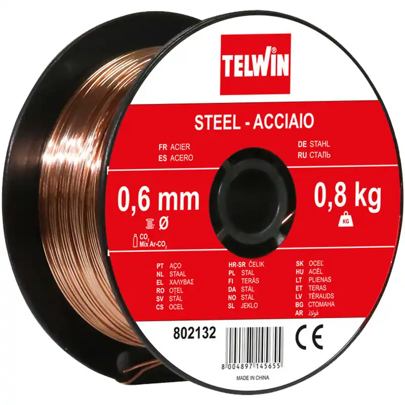 Filo Acciaio per Saldatura TELWIN 0.6mm e 0.8mm tipo MIG-MAG NO-FLUX con Gas in Bobina con Peso 0,8 Kg Promozione