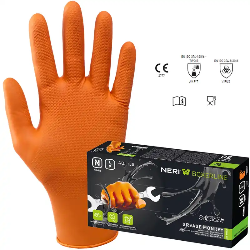 Compra Online Guanti Antiscivolo Monouso in Nitrile NERI Squama di Pesce AQL 1.5 DPI Cat. III Alimentare Meccanica GARAGE MONKEY