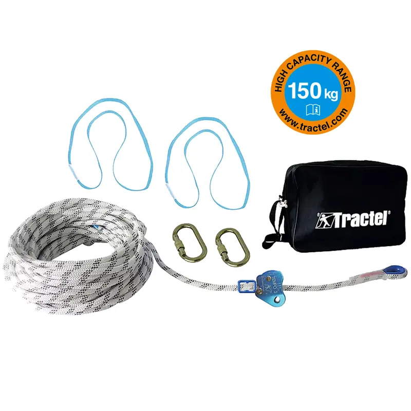 Kit Linea di Vita Temporanea Orizzontale TRACTEL Anticaduta per 3 Persone Operatori fino a 150 Kg su Campate 5-18 Metri Connettori M10 M24 modello TEMPO 3 Must-Have