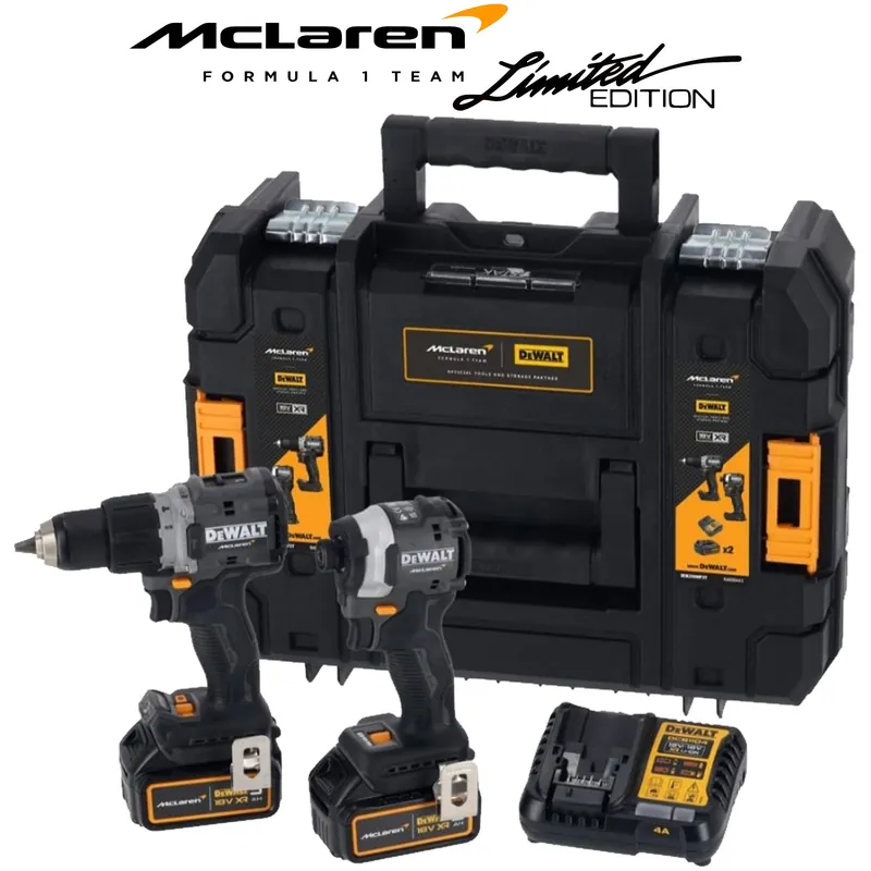 Kit 2 Utensili a Batteria 18V XR Brushless DEWALT Avvitatore ad Impulsi + Trapano con Percussione Limited Edition McLaren F1 Team modello DCK200MP2T-QW Novità
