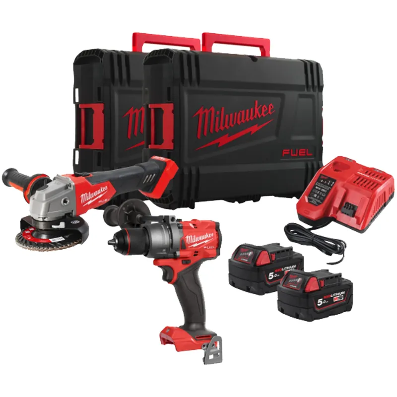 Super Prezzo Trapano Avvitatore con Percussione + Smerigliatrice Angolare 125mm a Batteria 18V MILWAUKEE in Kit FUEL™ con 2 Batterie 5.0Ah e 2 Valigette modello M18 FPP2E3-502X