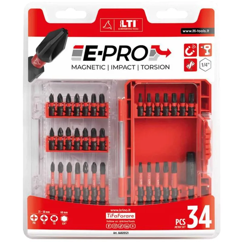Esclusivo Assortimento Inserti Avvitatura LTI TOOLS By KRINO da 34 pezzi Torsion Impact Magnetici PH PZ TX 1/4” con Prolunga Portainserti e Case Rigido codice 66020521