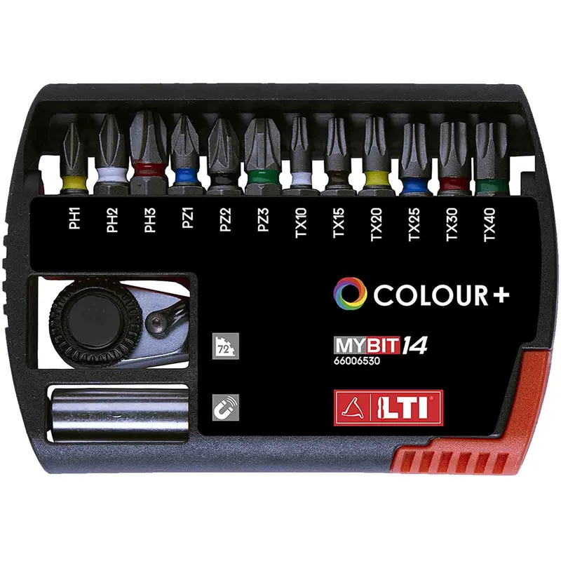 Professionale Assortimento 14 Inserti Bit per Avvitatura Colorati LTI KRINO Croce PH, PZ, Torx Portainserti Magnetico Cricchetto Reversibile articolo MYBIT14 COLOUR+