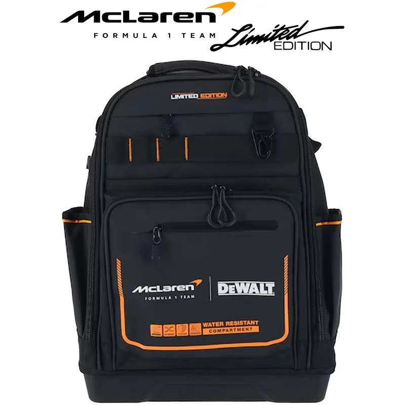 Offerta Del Giorno Zaino Portautensili DEWALT 24 Litri Resistente 43 Tasche con Porta Laptop 15″ Impermeabile IP54 Edizione Limitata McLaren F1 Team modello DWST60122-1