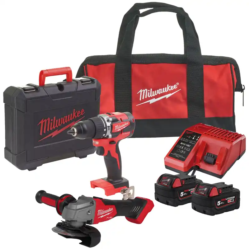 Spedizione Espresso Trapano Avvitatore con Percussione + Smerigliatrice Angolare 115mm a Batteria 18V MILWAUKEE Kit Fuel M18 CBLPP2E2-502C