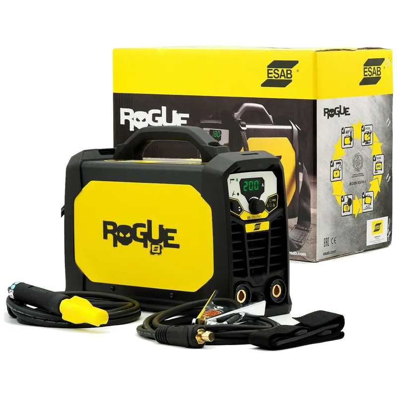 Nuova Collezione Saldatrice Inverter ad Elettrodo 200A ESAB con Kit Cavi e Pinze Monofase 230V Protezione IP23S modello ROGUE ES 200i PRO