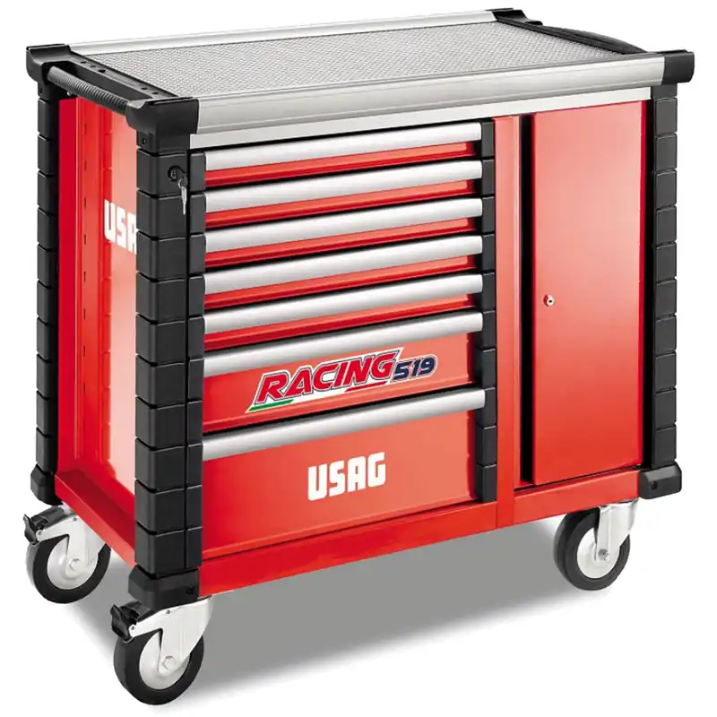 Esclusivo Cassettiera Mobile 7 Cassetti da Officina USAG con Anta Laterale (VUOTO) Serie RACING 519 Piano Rinforzato Portata 1100 Kg modello 519 RBO7/3V