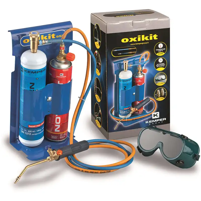 Kit per Saldobrasatura Autogena BiGas KEMPER Bombole Ossigeno Acetilene, Tubi, Ugelli, Occhiali, Regolatore di Pressione modello OXYGAS 555K Subito Disponibile