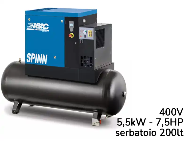 Esclusivo Compressore con centralina ABAC Spinn E 5,5 400V avviamento diretto, essiccatore e serbatoio 200lt