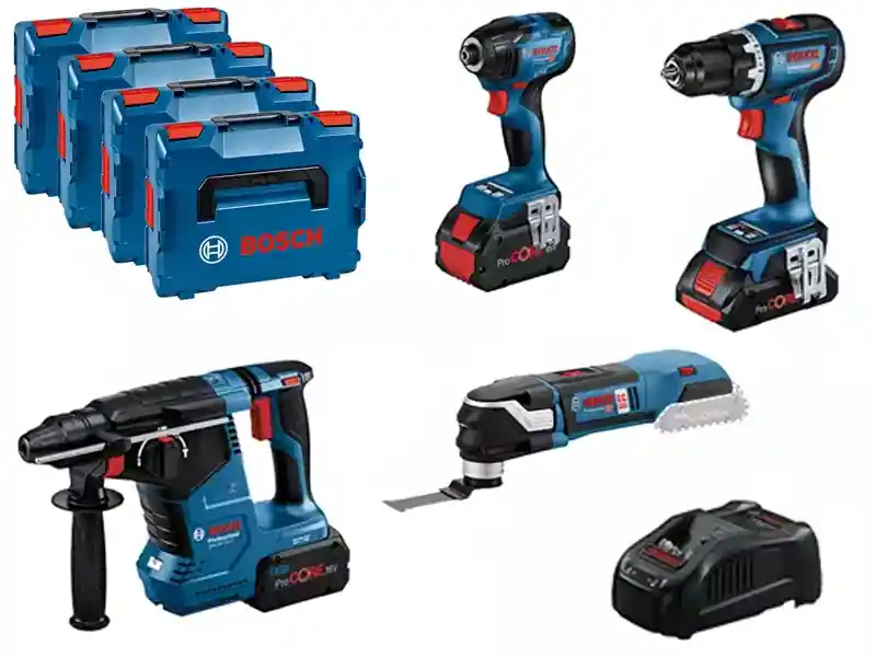 Ultimissimo Modello Bosch Kit trapano, avvitatore, perforatore e utensile multifunzione con 3 batterie e valigette