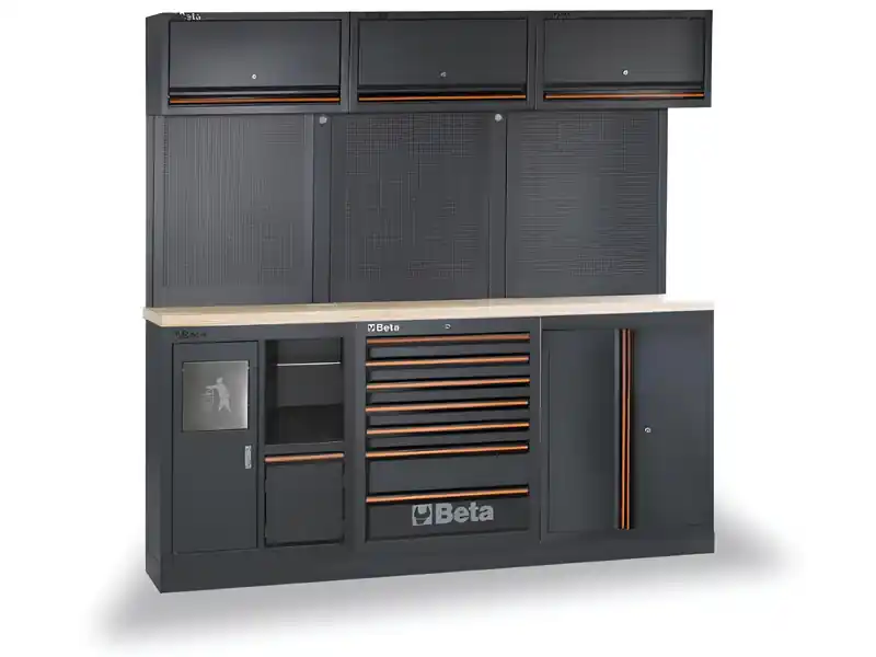 Nuova Collezione Arredo Beta C45PRO 2.0 AW per officina 2040x645x2000mm con piano di lavoro in legno