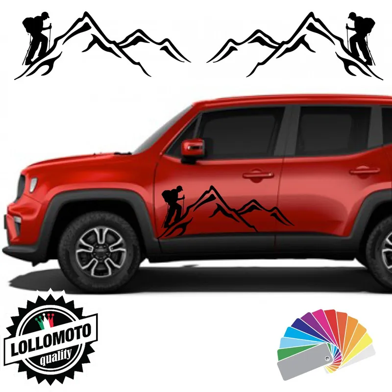 2x Adesivi JEEP RENEGADE Sportelli Fiancate SCALATORI con MONTAGNE Alpinisti Trekking Stickers Occasione
