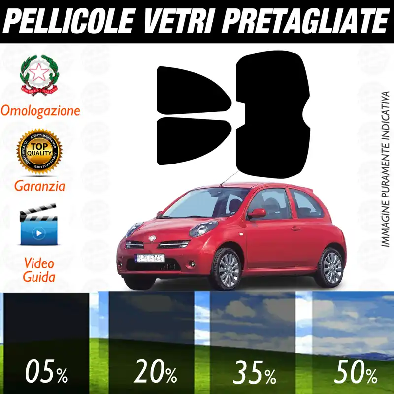 Nissan Micra 3P dal 2007 al 2010 Pellicole Oscuramento Vetri Auto Pre Tagliate a Misura Prezzo Ridotto