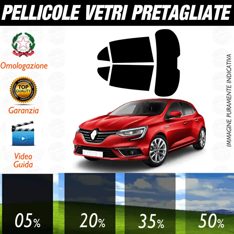 Acquista Ora Renault Megane 5P dal 2015 a Oggi Pellicole Oscuramento Vetri Auto Pre Tagliate a Misura