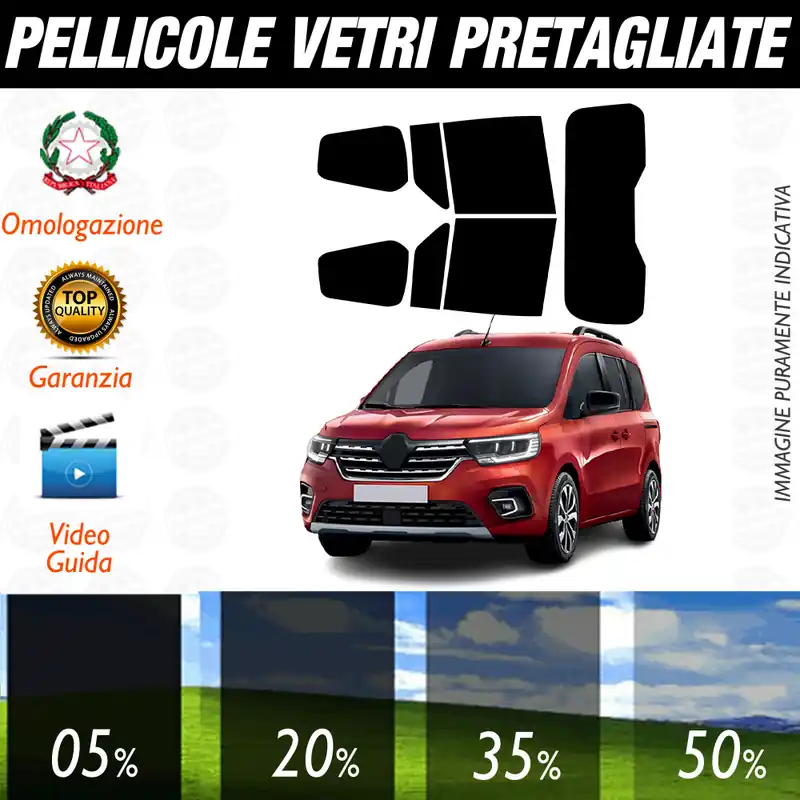 Renault Kangoo dal 2021 a Oggi Pellicole Oscuramento Vetri Auto Pre Tagliate a Misura Promo Stagionale