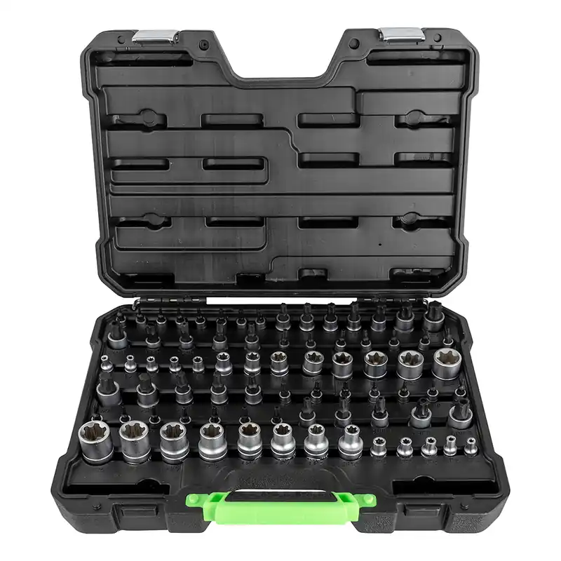Reso Gratuito Set di bussole e punte a E24 e T70 da 1/4" a 1/2" E-Torx e Torx CrV 77 pezzi JBM
