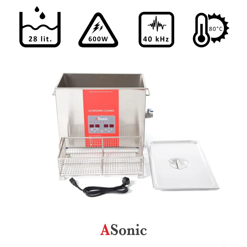 Prezzo Conveniente Pulitore ad ultrasuoni Serbatoio in acciaio inossidabile SUS316L da 28 litri, spessore 2 mm, 600 W, 40 kHz, 80°C