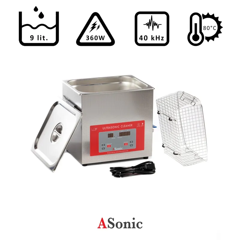 Pulitore ad ultrasuoni 9l con funzione degassamento, 360W, 40kHz, 80°C Ultima Occasione